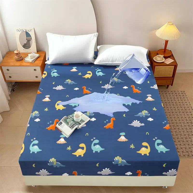 Kuup-Polyester 360° waterproof Cartoon Fitted Sheet Only(no pillowcase) Elastic Band Around Mattress Cover King Size Bed Cover - W1s zhu lup ji lan / King 198x203cm