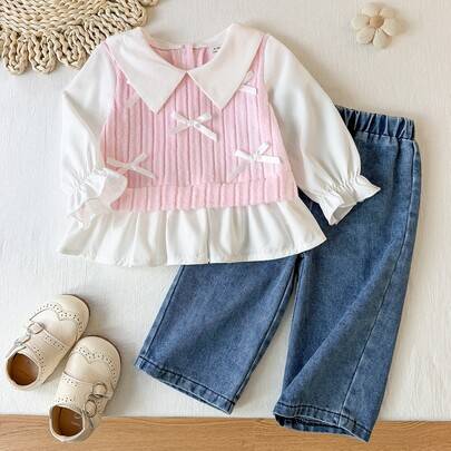 2 st babyflicka söt rosa rosett 2 i 1 ribbad långärmad tröja raka denimjeans långbyxor casual outfit höst (6-9M,9-12M,12-18M,18-24M,2-3Y)