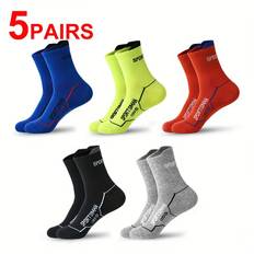 TEMU 5 Pairs Men's Mid-calf Sports Socks, Geometric Pattern, Knit Fabric, Polyester 97%, Spandex 3%, Sweat-wicking, Odor-resistant, For Running, Cycling, Fitness, Basketball, Sweat-resistant