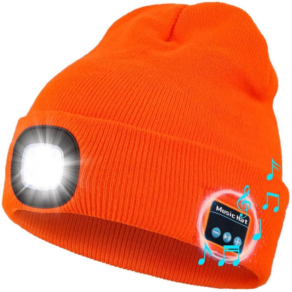 Morttic Bluetooth Beanie Hat med 4 LED-lys, USB-genopladelig, indbyggede højttalere og mikrofon, strikket vinternatlyshue – Orange