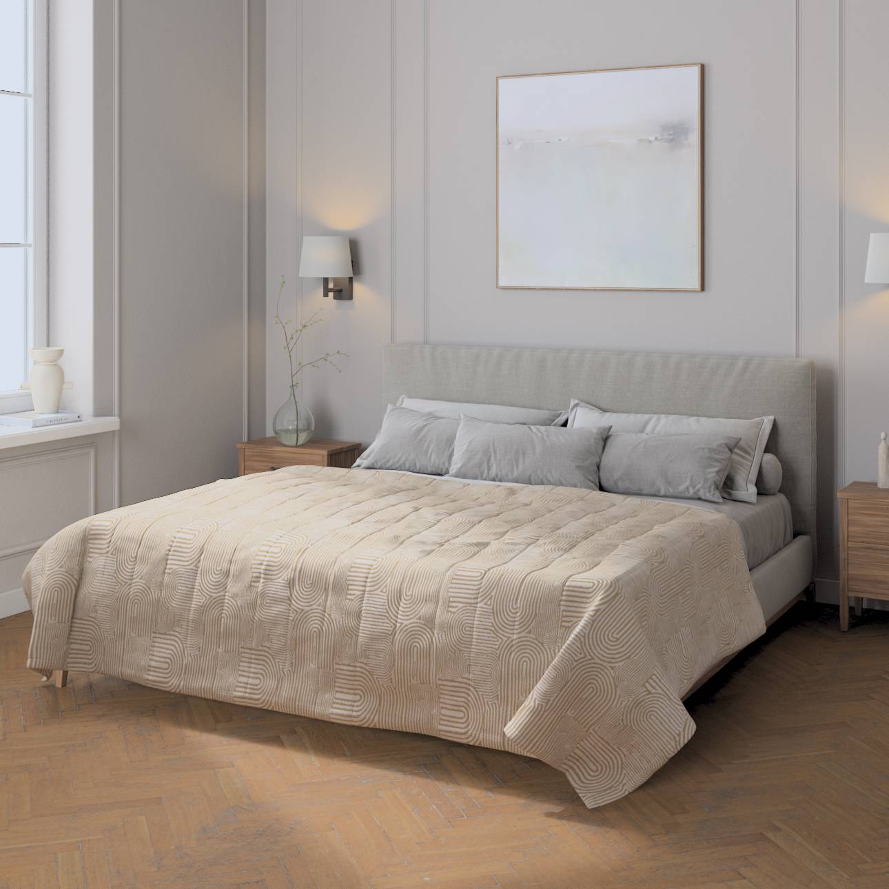 Sengetæppe quiltet<br/>10cm striber, Boucle naturhvid og lysebrun, Cosy Home
