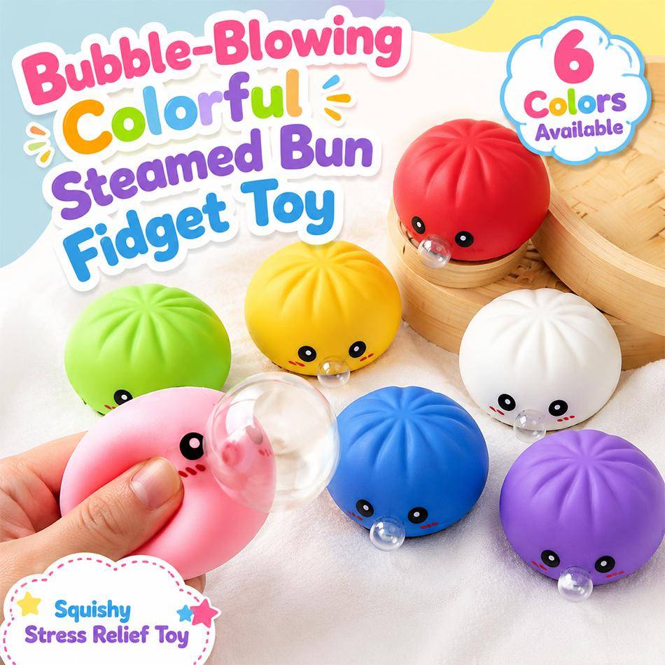 Bubble Blowing Dumpling Steamed Bun Squishy Vinyl Squeeze Fidget Sensory Toy Stress Relief Decompression Desk Decor Party Favors