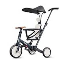 newyoo 5-i-1 balanscykel trehjuling för småbarn 1 år till 3 år | trehjuling från 1 år med skjutstång och baldakin | löpcykel | trehjuling för barn med dragstång, TR009, mörkgrå
