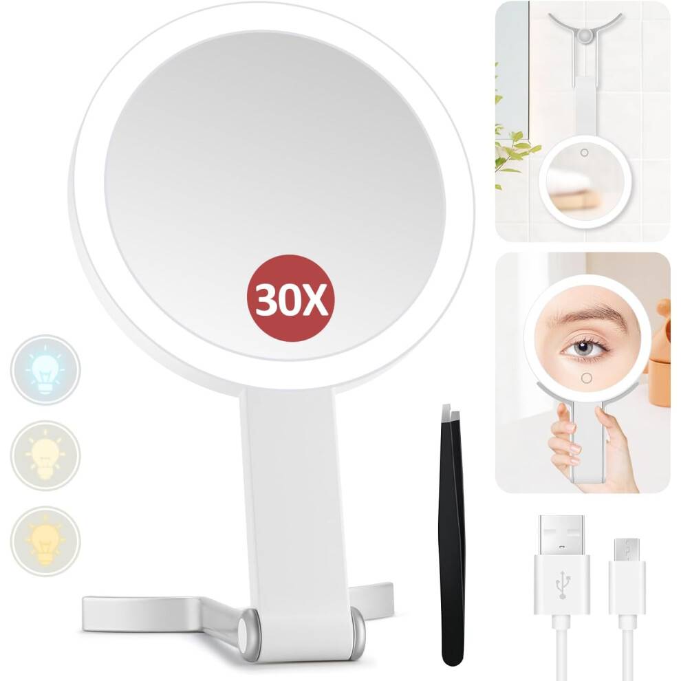 Dobbeltsidet forstørrelsesspejl, genopladeligt bærbart oplyst skønhedsspejl med 30x og 1x spejle, rejse-makeupspejl med lys i 3 farver