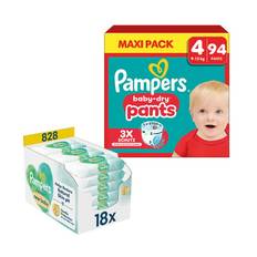 Pampers Baby-Dry Pants blesæt, størrelse 4 maxi, 9-15 kg, maxipakke (1 x 94 bukser) og Harmonie New Baby vådservietter, 828 servietter (18 x 46 stk.)
