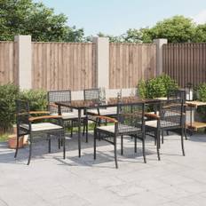 vidaXL Matgrupp för trädgården med dynor 7 delar svart konstrotting