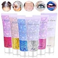 Body glitter gel 6 stycken, ansikte glitter festival glitter ansikte, kropp glitter chunky glitter paljett för ansikte hår läppar naglar festival party makeup teatersmink karneval smink