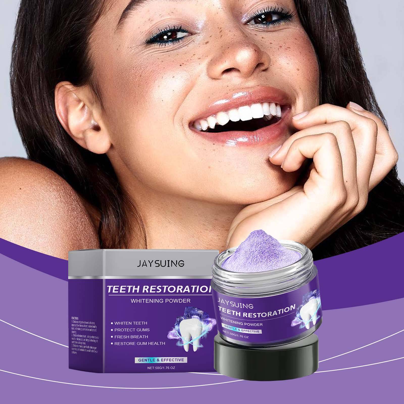 Jaysuing Lila Whitening Tandpulver 50g - Rengör tänderna på djupet, ljusar upp och bleker tänderna, tar bort fläckar, skyddar emaljen och fräschar upp