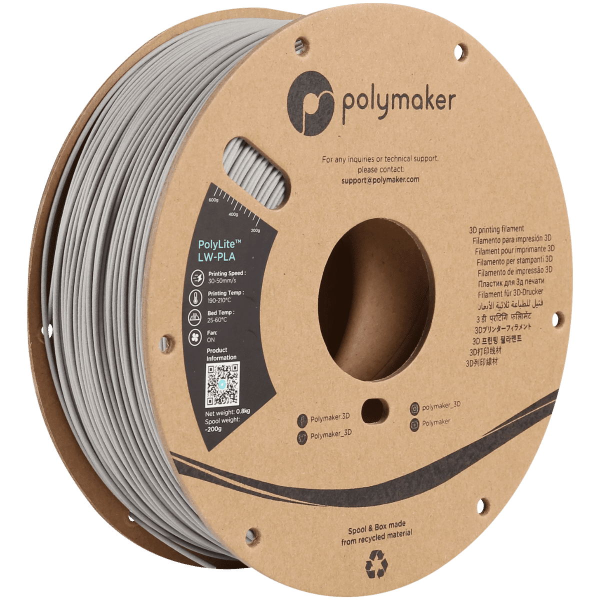 PolyMaker PolyLite LW-PLA 0,8 kg filament grey.