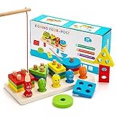 Wisplye Träleksak, Montessori Spel Pussel Geometriska Former Stackare Spel och Magnetiska Fiske För Motoraktiviteter, Födelsedagspresent För 2/3/4/5 År