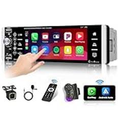 Hikity 1 DIN bilradio med trådlös CarPlay Android trådlös bil, automatisk radio med 5,1 tum pekskärm, Bluetooth FM-radio, dubbel USB, fjärrkontroll, mikrofon + bakre kamera