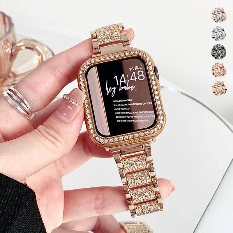 Diamantfodral+Rem för Apple Watch 11 10 9 8 7 42mm 46mm 45 41mm Ultra 3 49mm Rostfritt Stålband för iwatch SE 6 40mm 44mm 38 gyllene