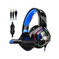 newrong 3,5 mm stereo spelheadset HIFI-hörlurar med LED-volymkontroll kompatibel med PS4/Xbox/dator/laptop/telefon svart + blå