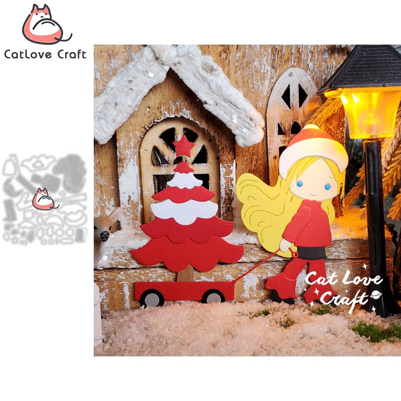 Pulling christmas tree cart Boy Girl Metal Cutting Dies Scrapbooking Stencil Die Cuts Card Making DIY Craft Embossing New 2022