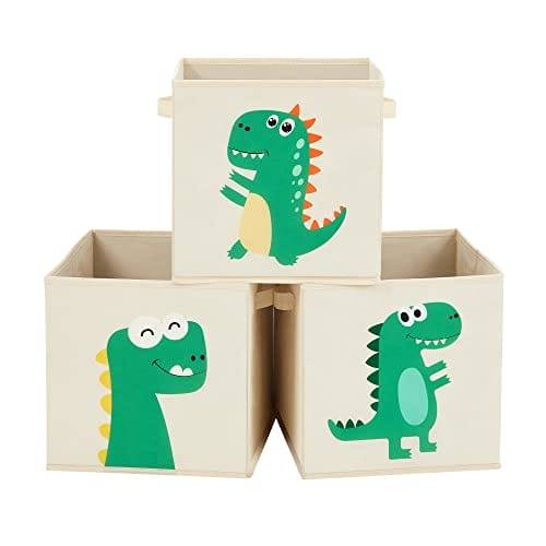 Songmics förvaringslådor, set med 3, förvaringskorgar, leksaksförvaring, tyglådor, 30x30x30cm, hopfällbar, med handtag, sovrum, lekrum, dinosaurier, b