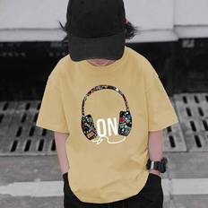 Tween Boy Summer 2025 Casual Hörlurar Grafisk Aprikos rundhalsad kortärmad T-shirt, 1 st (8Y,9Y,10Y,14Y,11Y,12Y,13Y)