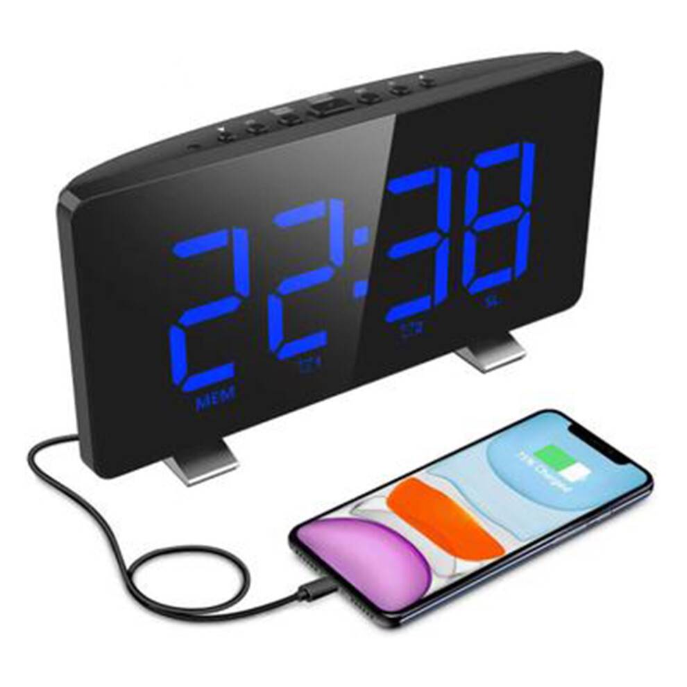 6'' LED-skærm vækkeur, højlydte dobbelte alarmer, FM-radio, automatisk dæmpning af display, USB-oplader, batteribackup, nem at betjene, ideel til
