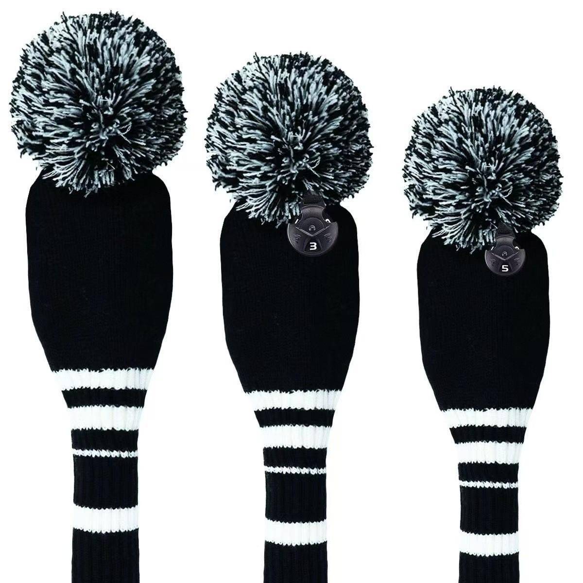 Randiga Golfklubbhuvudskydd - Set om 3 Stickade Skydd för Woods (1/3/5) med pompon-design. vit/röd
