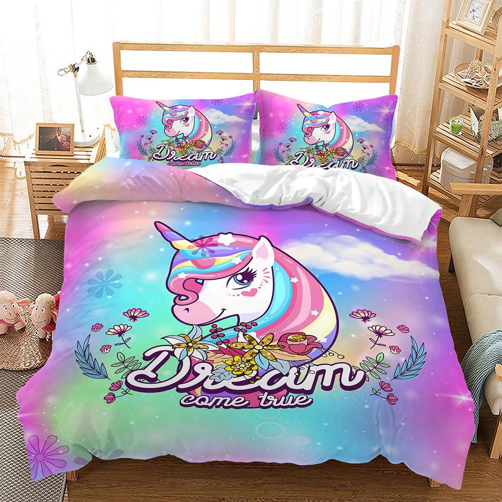Sängklädesset med regnbågsenhörning för barn, sänglinne med tecknade djur för flickor, kawaii påslakanset, enkelsäng, enkelsäng, dubbelsäng, queen size EU King 240x220cm
