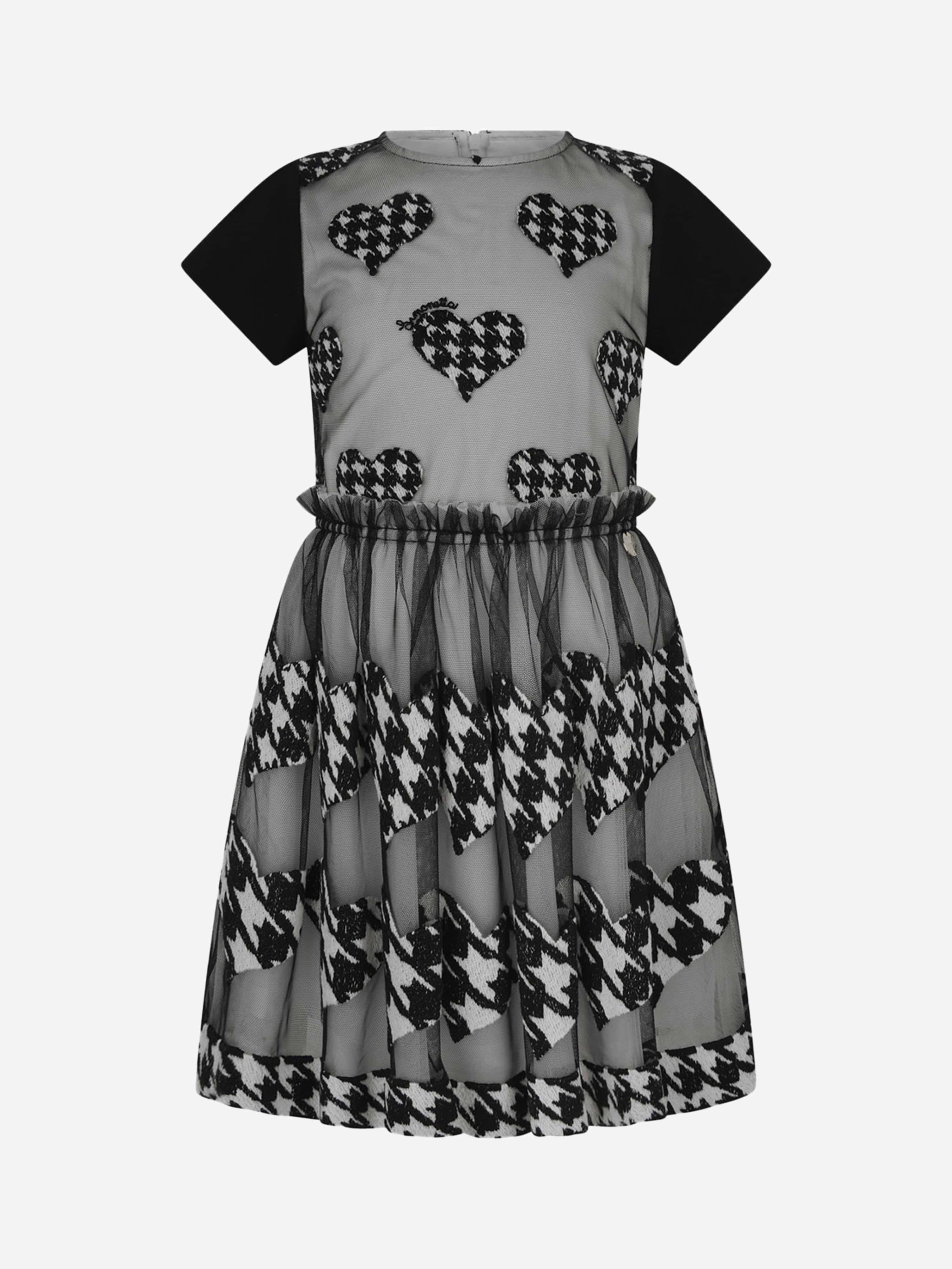 Simonetta Houndstooth Heart Embroidered Dress - Black / 12 Yrs (12 Yrs)