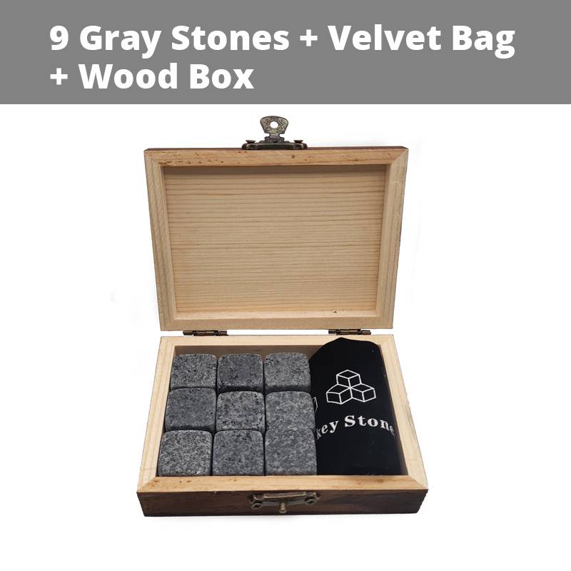 Whisky stenar set - 9 granit whisky stenar / trälåda / sammet väska / återanvändbara kyla isbitar - 9 st kartong mörkgrå