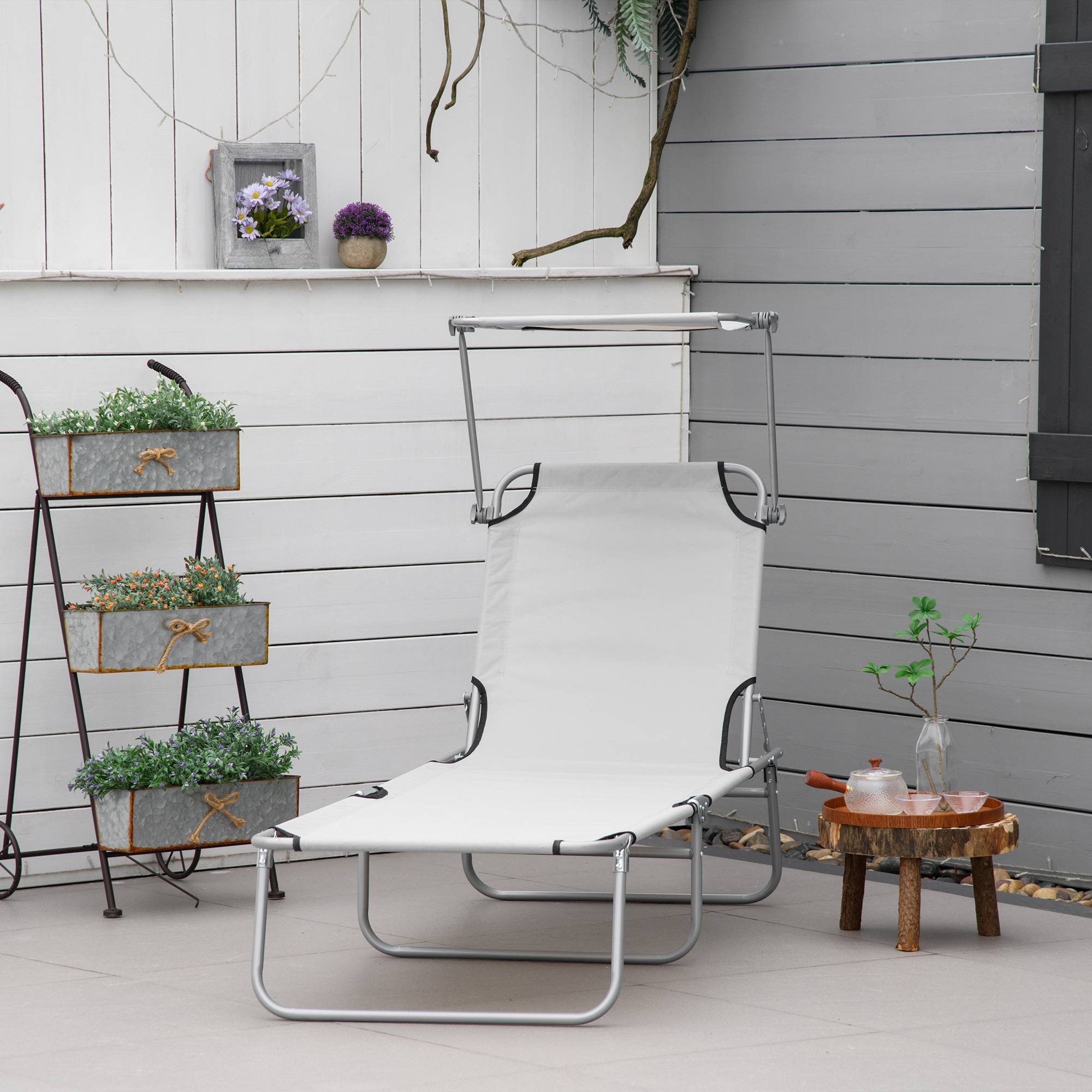 Liggestol, havestol, wellness-stol, strandstol, foldbar, med solskærm, 187 x 58 x 36 cm, grå