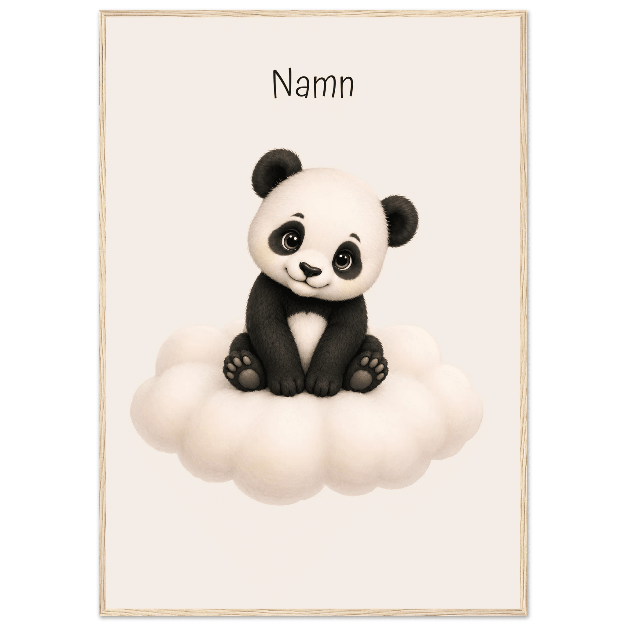 Panda på moln med namn-70x100 cm / 28x40″ / Med ram / Ljust trä