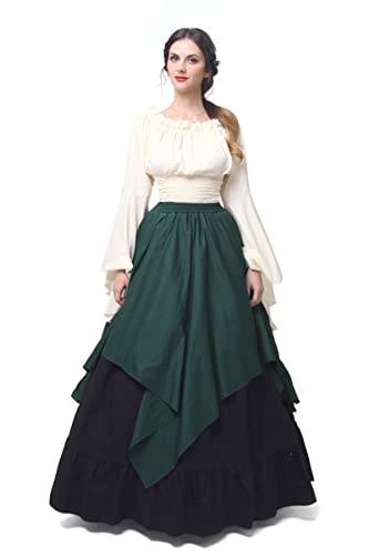 Fiamll Renaissance Kleid Damen Mittelalter Kleidung Damen Kostüme Fasching Kleid Set Grün+ Schwarz XXL(Top und Rock)