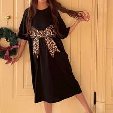 Teen Girl Casual Leopard Print rosett dekor rund hals volang fåll Lös nattlinne - Svart (14Y,13Y,16Y,15Y)