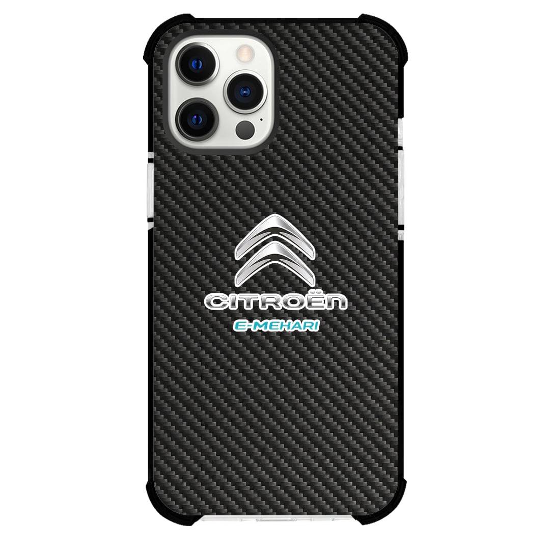 Citroen E-Mehari Phone Case For iPhone Samsung Galaxy Pixel OnePlus Vivo Xiaomi Asus Sony Motorola Nokia - Citroen E-Mehari Logo On Traditional Black Charcoal Carbon Fiber Background.