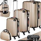 tectake® Resväskor Set i 4 delar, Bagageset med Hjul och Sminkväska, Kabinväska Metallic-look, Handbagage Väska, Ergonomiskt Teleskophandtag, TSA kombinationslås, Tysta Vridbara Hjul - Champagne