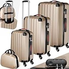tectake® Resväskor Set i 4 delar, Bagageset med Hjul och Sminkväska, Kabinväska Metallic-look, Handbagage Väska, Ergonomiskt Teleskophandtag, TSA kombinationslås, Tysta Vridbara Hjul - Champagne