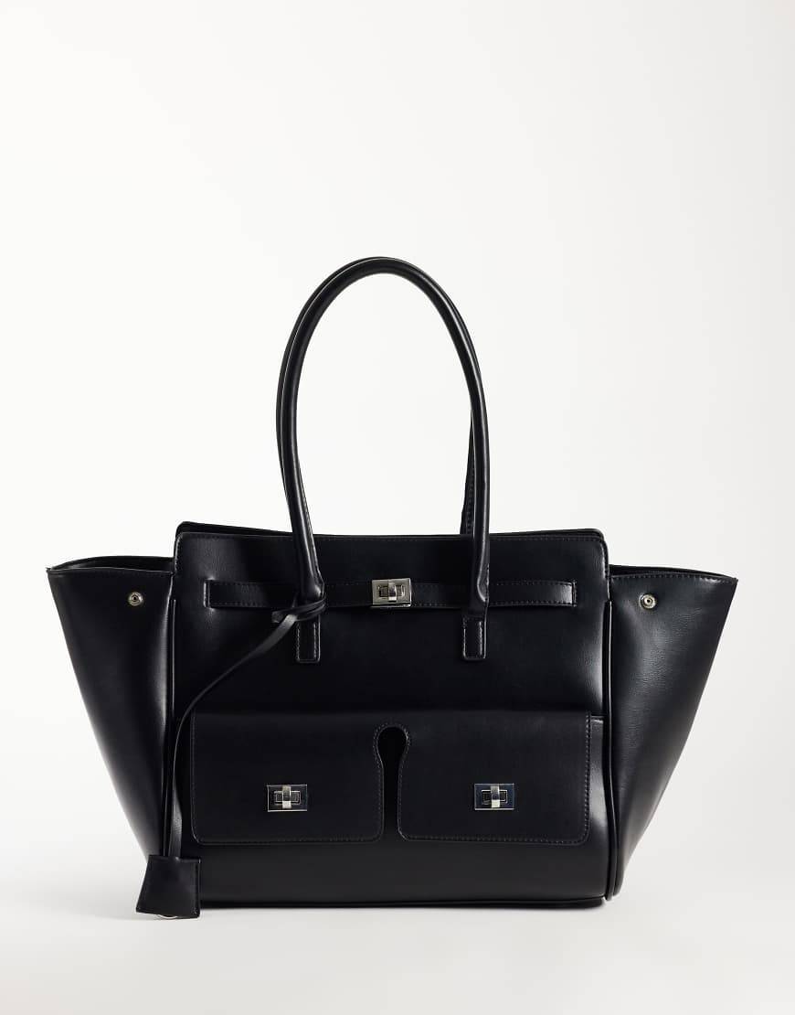 Gina Tricot stor tote-taske i imiteret læder med utility-detaljer i sort - No Size