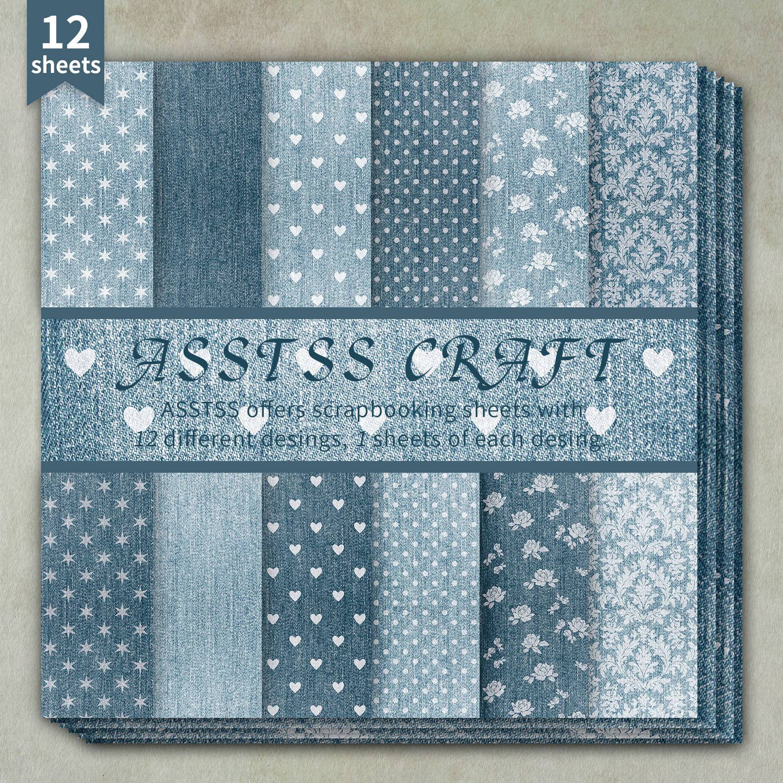 12-sheet Asstss 6*6-inch Scrapbooking Paper Pad, Denim Texture Backing Paper Supplies, Heavyweight Cardstock For Journaling, Collage Art, Greeting Cards, & Crafts, 6"x6" Pack