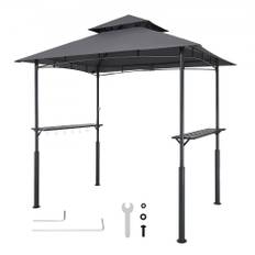 VEVOR Grillpavillon, 2,43 x 1,5 m forstærket udendørs grillpavillon med dobbelt tag, pulverlakeret stål terrassegrilloverdækning med 2 sidehylder og 8 kroge, grillbaldakin til terrasse/baghave