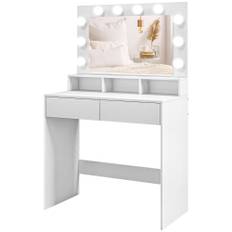Sminkebord med spejl, Hollywood-belysning, skuffer, moderne toiletbord i hvid