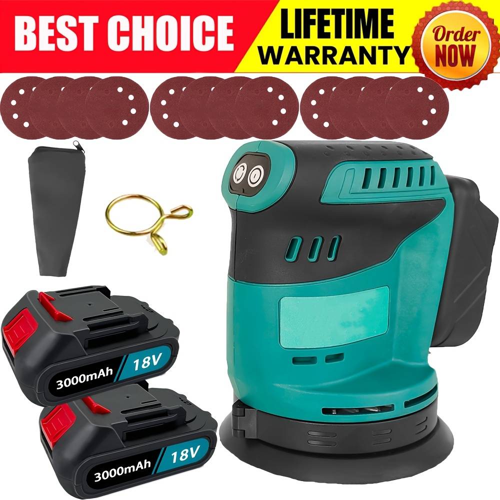 TEMU 450w Cordless Random Orbit Sander, 125mm Random Orbital Sander With 2pcs Battery, With Power Levels And Sandpapers, Compact And Lightweight, Suitable For Indoor And Outdoor Use