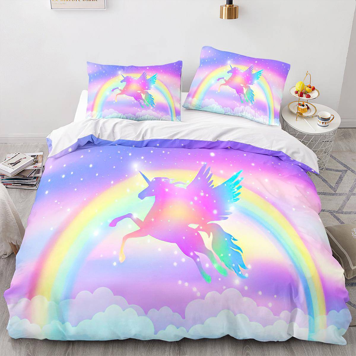 Enhörning Påslakanset Tecknad Galaxy Regnbågsfärgstark Enhörning Söt Romantiskt Tema För Barn Flickor Polyester Täcke 150x200cm 3pcs