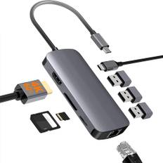 Pobod 8 i 1 Typ-C Dockningsstation med USB3.0 * 3 PD100W USB-C 4K@60Hz HDMI RJ45 SD/TF Kortläsare Slot Multiport Hub Del