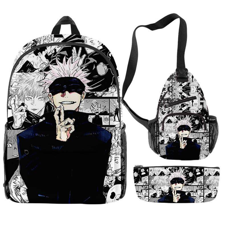 3 st/set Anime Satoru Gojo Ryggsäck 3D-tryckt Skolväska Anime Liten Laptopväska Pennfodral för Lunch