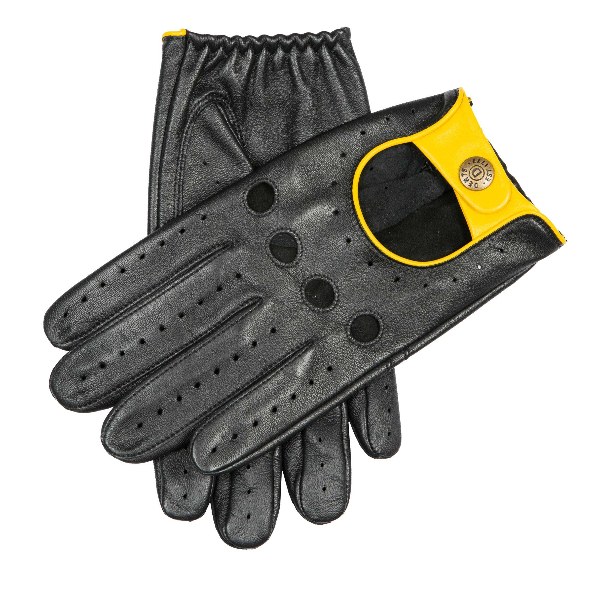 Men’s Touchscreen Three-Colour Leather Driving Gloves - Black/Black/Yellow / M