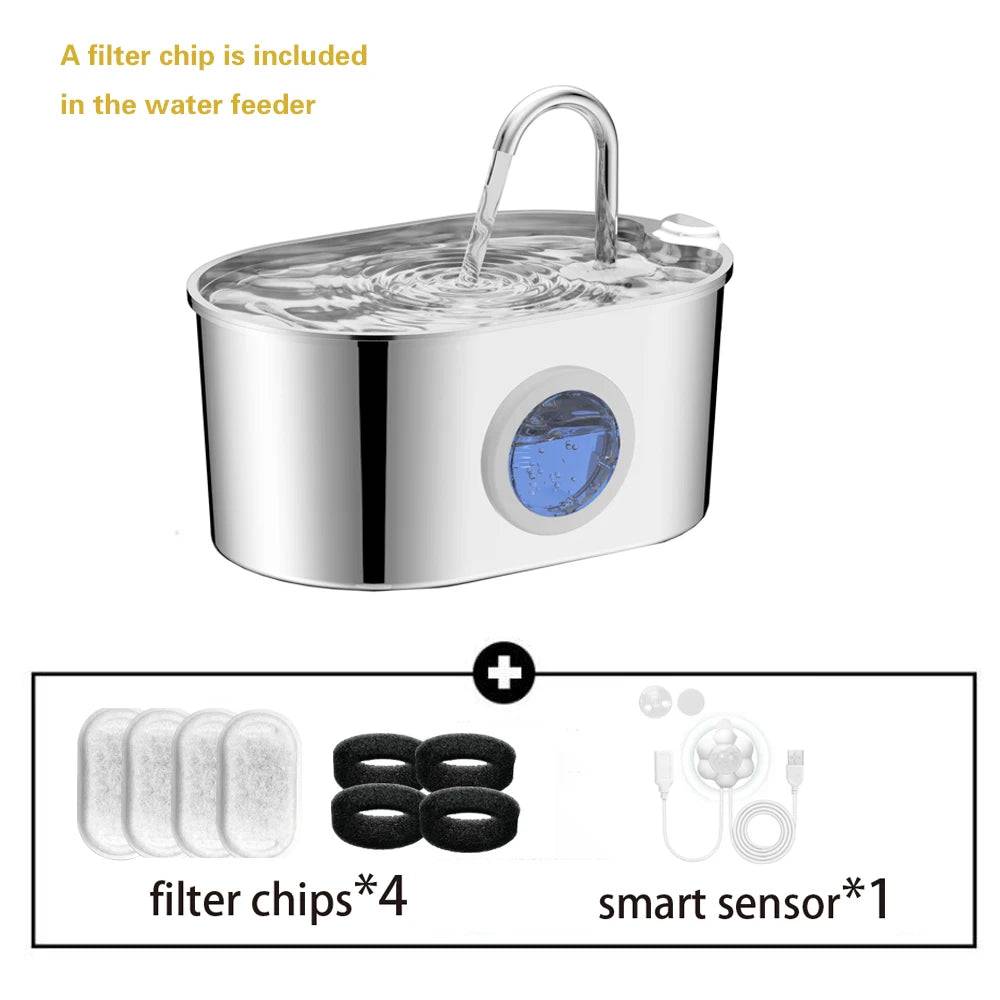 2.2L Stainless Steel Pet Water Fountain with Visible Window - 4Chip And Sensor