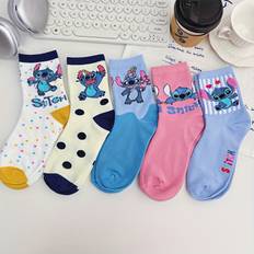 TEMU 5-pack Stitch Mid-tube Socks Casual Vertical Stripes Simple Letters Polka Dots Contrast Comfortable Unisex Youth Socks, For Teenager