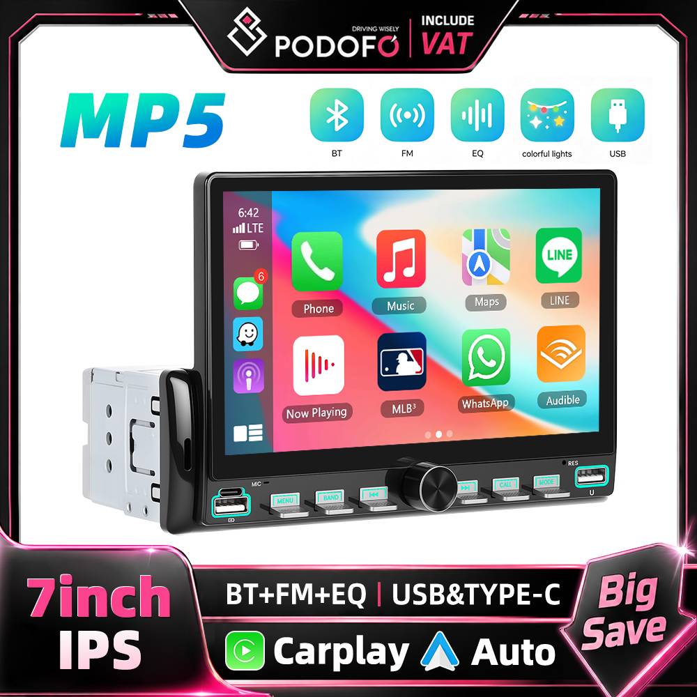Podofo 7 Inch 1 Din Car Stereo MP5 Multimedia Player Wireless Carplay Android Auto Mirror Link Piano Keys Video Output Same Screen Universal Car MP5 Player HD 1024*600 Touch Screen BT USB FM EQ