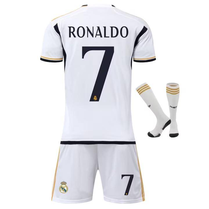 Ronaldo 7 Fotbollströja Set för Barn Vit Kortärmad Tröja Shorts Strumpor Ungdomsfotbollskit Gåva