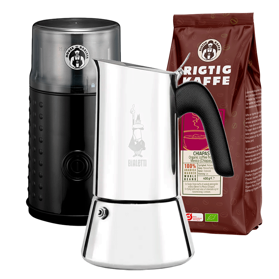 Bialetti Venus Elegance 6-koppars espressokanna i stål inkl. elektrisk kaffekvarn och 400 g ekologiska hela kaffebönor