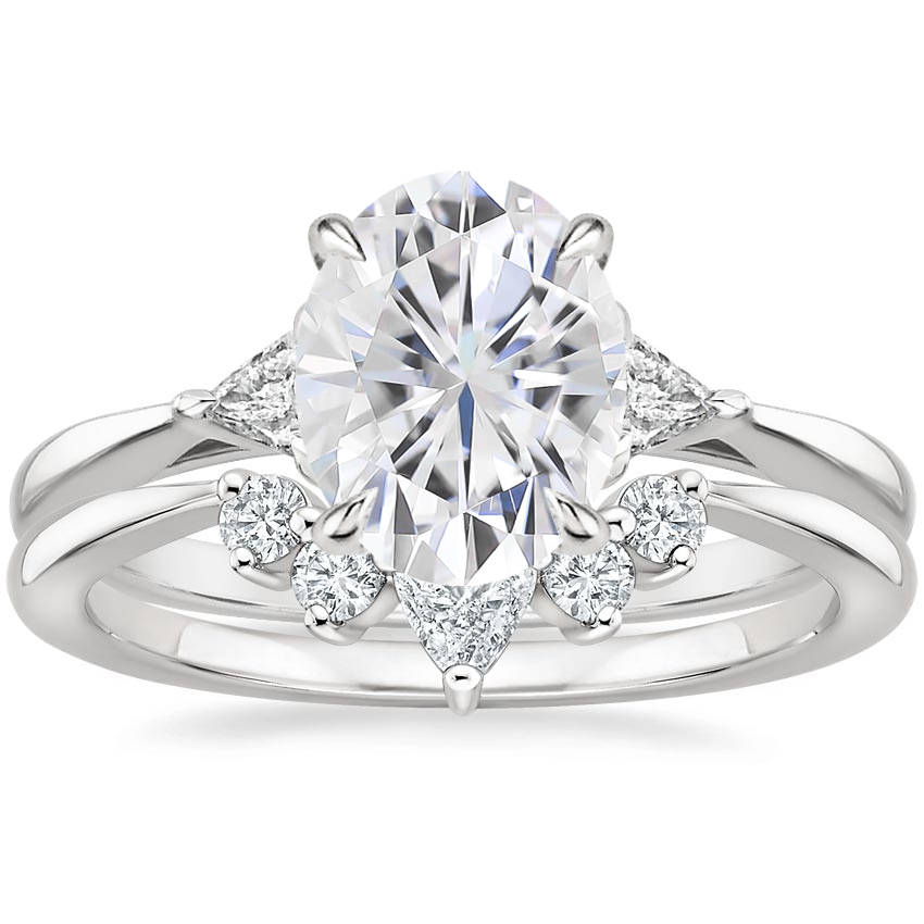 Platinum Moissanite Trillion Three Stone Diamond Engagement Ring with Hadley Contoured Diamond Ring