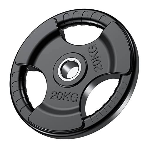PhysKcal Olympiska Viktskivor 1 x 20kg med Gummifinish 2'' Öppning och Tri-Grips, Svarta Skivstångsskivor i Par eller Singel för Lyftning och Styrketräning