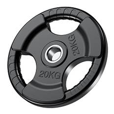PhysKcal olympiska viktplattor, 1 x 20 kg med gummifinish, 2 tum öppning och tregrepp, svarta skivstångsplattor för lyft- och styrketräning, solid gjutjärnskärnans vikter set för skivstång