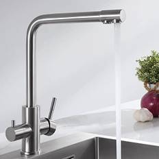 CECIPA PURE-I 3-vägs kökskran, diskbänksblandare med två vattenutlopp: Filtrerat vatten och varmt/kallt vatten - 360° vridbar pip i borstat 304 rostfritt stål